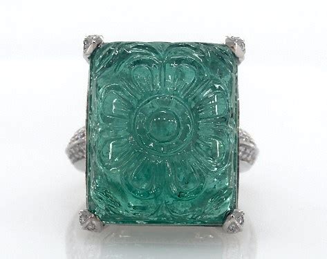 Platinum Carved Emerald Shaped Emerald and Pavé Diamond Ring-80004p