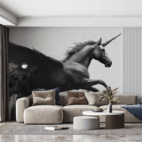 Winged Unicorn Dissolving into Bats Black White Ink Wash Mural Wallpap ...