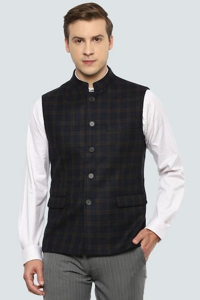 Buy Men Navy Check Slim Fit Formal Nehru Jacket Online - 639041 | Louis ...