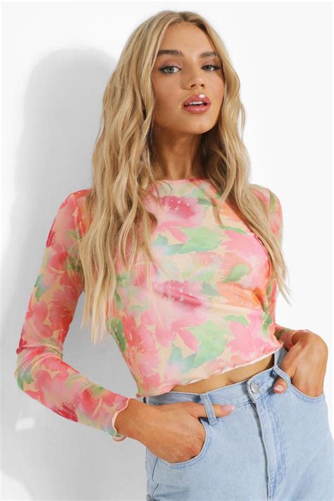 Floral Mesh Long Sleeve Top | boohoo UK