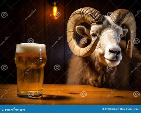 A Glass of Beer Stands on a Wooden Table, There is a Ram Near the Table Stock Illustration ...