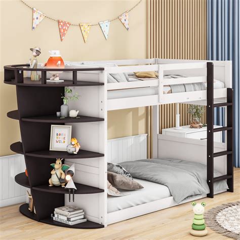 Twin Over Twin Boat-Shape Bunk Bed,Wood Bunk Bed Frame with 5-Tier ...