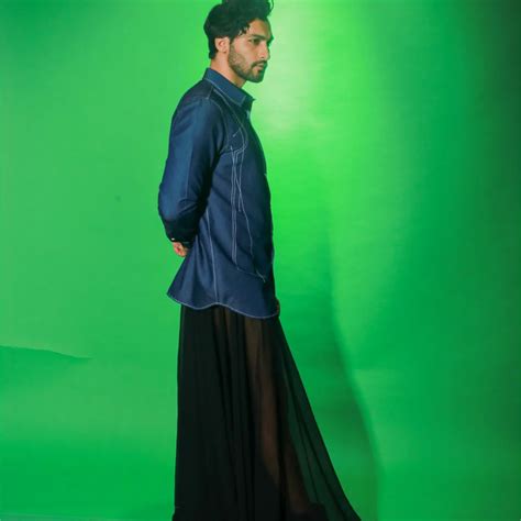 Denim shirt with abstract contrast stitching details. – ECHKE