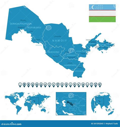 Uzbekistan - Detailed Blue Country Map with Cities, Regions, Location on World Map and Globe ...
