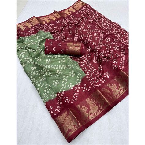 Classic Green & Maroon Bandhani Printed Dola Silk Saree With Weaving J