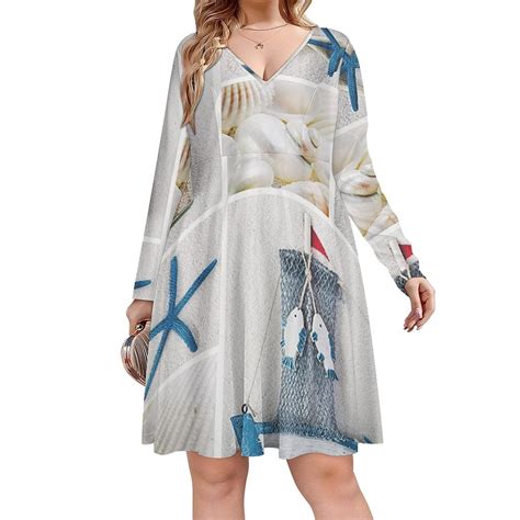 Blue Sand Beach Sea Shells Long Sleeve Dresses For Women Vintage ...