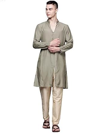 Buy Inddus Men's Khaki Solid Silk Multi Slits Straight Calf Length ...