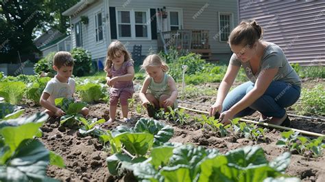 Premium Photo | Family planting in a vegetable garden in the backyard Generative Ai