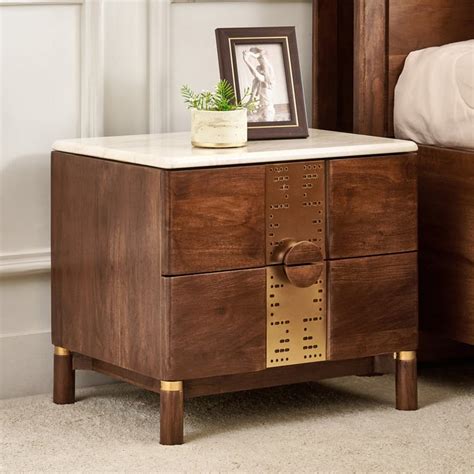 Buy Nuqta Italian Marble Top Bedside Table with Drawers - Walnut from ...