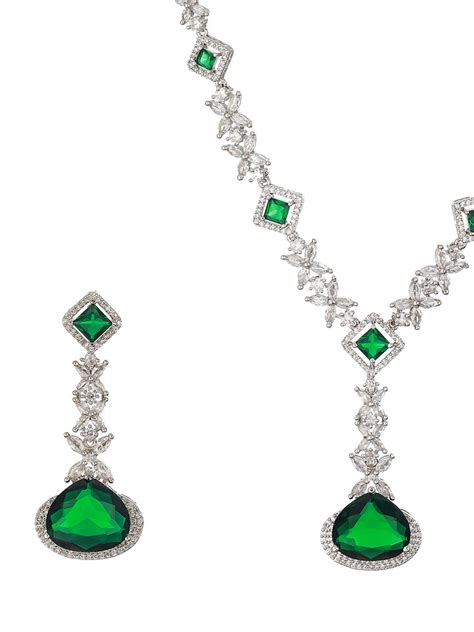 Green Floral Drop AD Silver-Plated Jewellery Set – Priyaasi