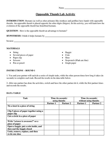 Lab sheet opposable thumbs - Name Opposable Thumb Lab Activity ...