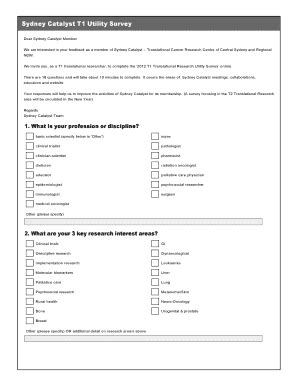 Fillable Online sydneycatalyst org Sydney Catalyst T1 Utility Survey ...