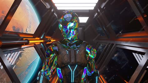 Premium Photo | An alien walking on a spaceship closeup mars orbit neon diamond clothes space ...