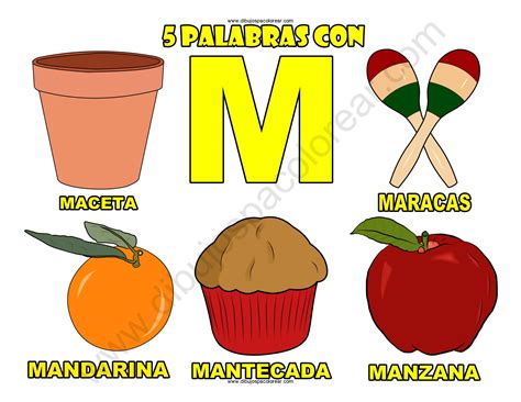 Cinco Palabras con la letra M dibujo a color y para colorear