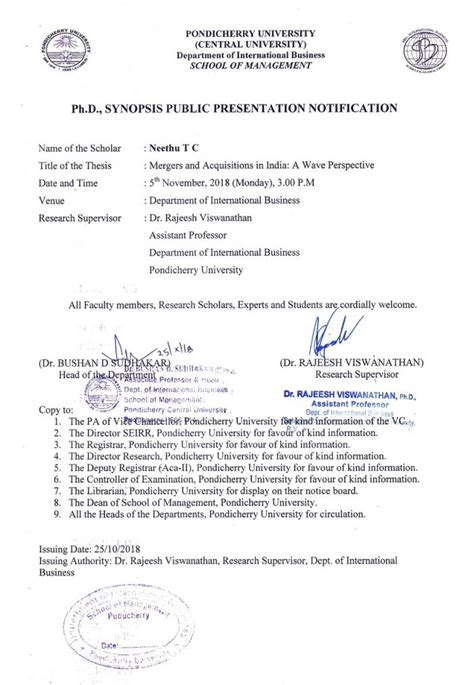 Ph.D. Synopsis Public Presentation Notification of Ms.Neethu T C 5th ...