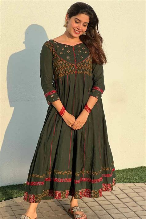 Green Plain Ajrakh Anarkali with Embroidered Yoke – Byhand