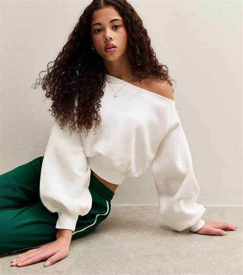 Girls Cream Oversized Off Shoulder Sweatshirt | New Look