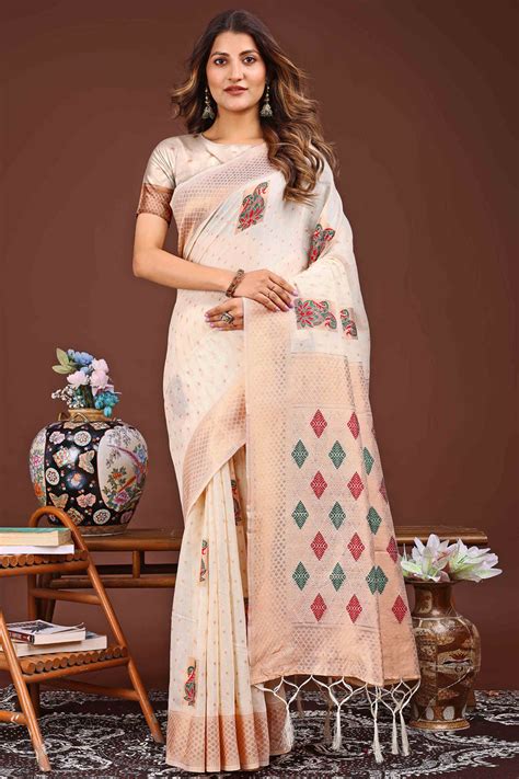 Offwhite Floral Zari Weaving Linen Cotton Saree With Tassel Pallu Acce
