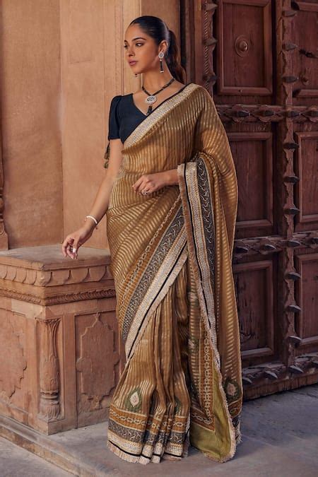 Buy Beige Silk, Organza Embroidery V-neck Ananya Striped Saree And ...