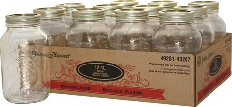Golden Harvest Regular Mouth Glass Mason Jars with Snap Lids, 1 L, 12 ...