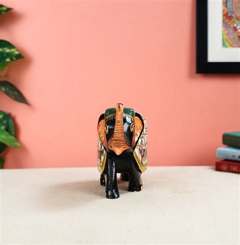 6" Kadam Wood Carved Elephant with Hand Painted King Ambari Scene on T ...