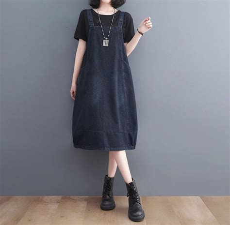 Dark Blue Denim Dress, Autumn Overall Dress, Vintage Oversized Dress ...