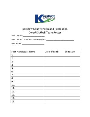 Fillable Online Kershaw County Parks and Recreation Co-ed Kickball Team ...