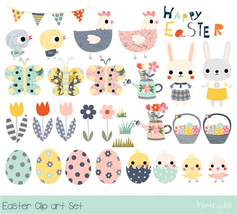 Happy Easter Clipart, Cute Easter Clip Art Set, Easter Bunny Clip Art ...