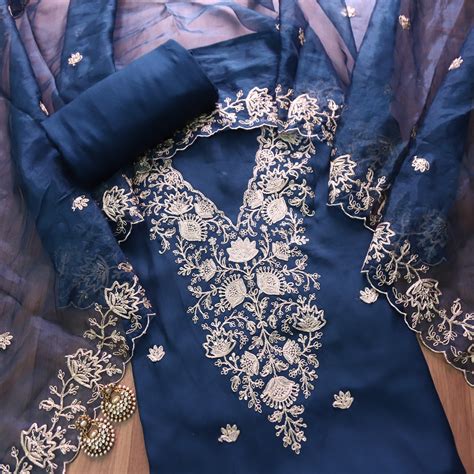 Noor Royal Blue Designer Embellish V Neckline Work Modal Suit Set ...