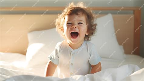 Premium Photo | Morning Giggles Cute Baby Laughing in Bed