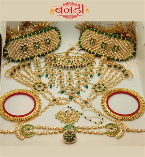 Rajasthani Jewellery Set with Green Kundan and Golden Gokhru (Artificial)