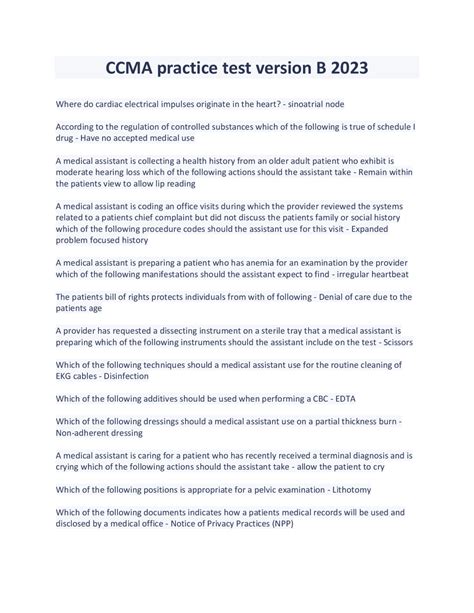 CCMA practice test version B 2024 | Exams Nursing | Docsity