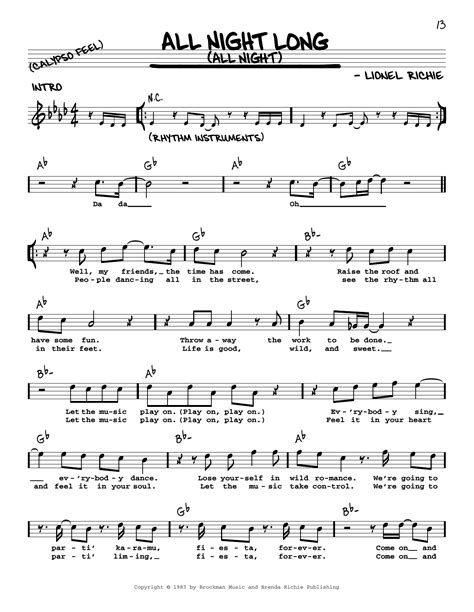 All Night Long (All Night) by Lionel Richie Sheet Music for Real Book ...
