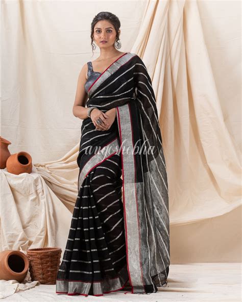 Traditional Black Handloom Linen Saree – angoshobha