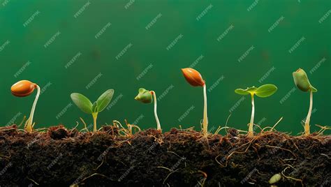 A detailed depiction of seed germination with six distinct stages of growth shown against a ...