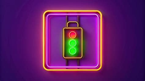 Neon traffic light sign and yellow frame on purple light background ...
