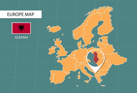 Albania map in Europe zoom version, icons showing Albania location and ...