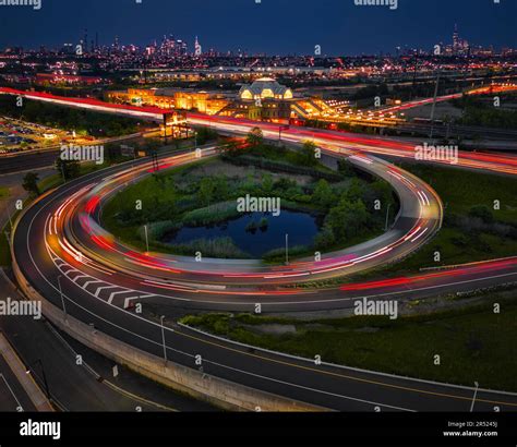 Secaucus Junction Station And NYC - Aerial long exposure view to the ...