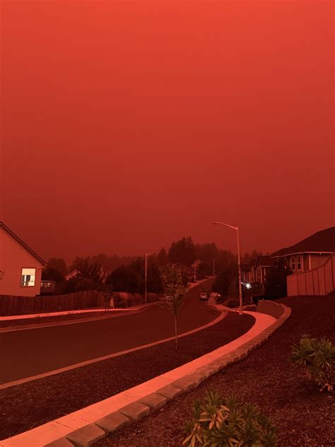A picture of the sky in Salem, Oregon due to the many fires along the ...
