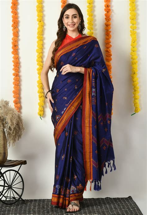 Dark Blue Kasuti Embroidered Khunn Saree– Swapna Creation