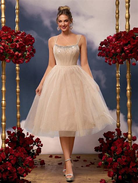 SHEIN Belle Elegant Champagne Luxury Glitter Shiny Beaded Wide Strap ...