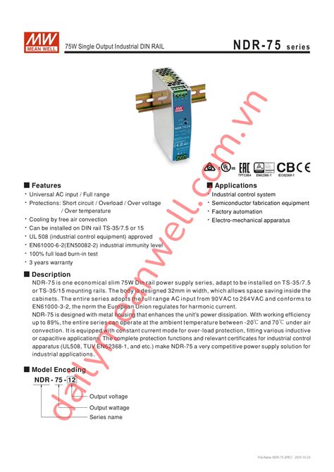 Nguồn Meanwell NDR-75-12 (75.6W/12V/6.3A) - Nhà Phân Phối Meanwell VN