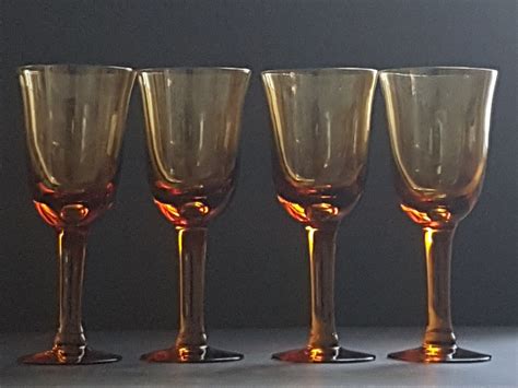 Amber Wine Glasses, Blown Glass, Vintage Wine Glass Set of 4, Wine Goblets