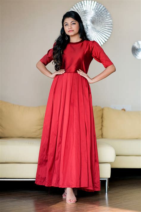 Women Red Taffeta Silk O-Neck Party Ball Gown- Adiba Fashion ...