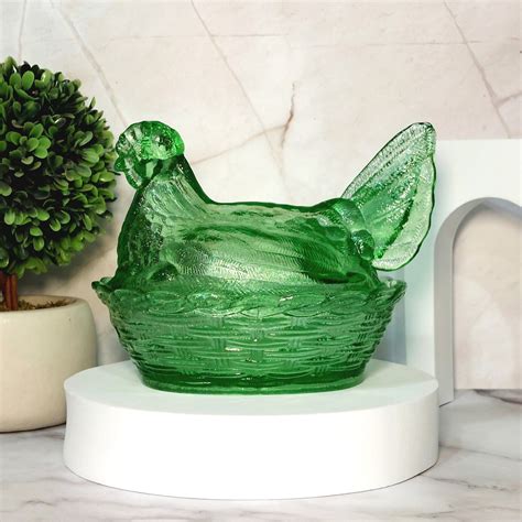 Vintage Green Depression Style Glass Hen on Nest Covered Candy Dish ...