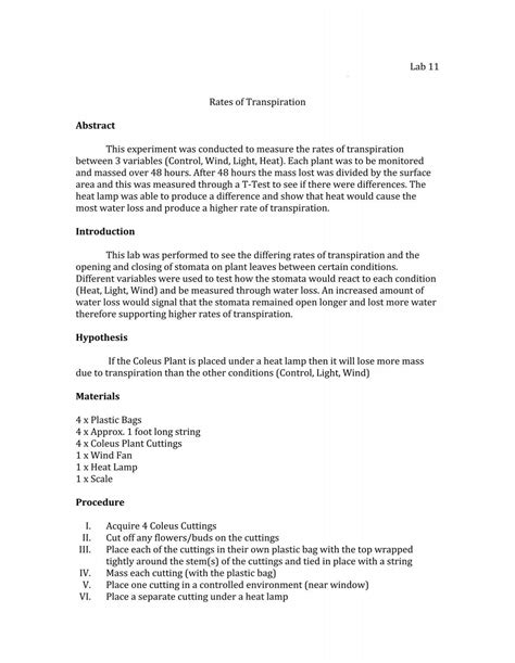 Lab 11 Rates of Transpiration Abstract This experiment was ...