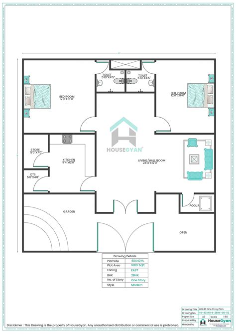 40X40 East Facing 2BHK Ground Floor House Plan | 1600 Sqft Plot Floor Plan
