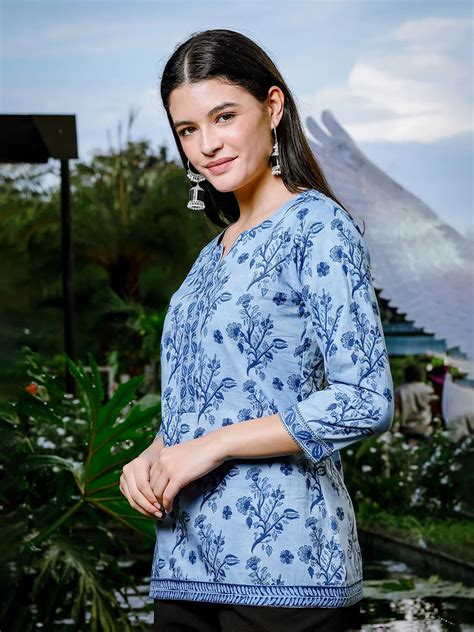 Sky Blue Cotton Floral Block Print Regular Top
