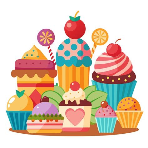 A colorful assortment of cupcakes cakes and sweets on a white ...