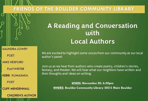 A Reading and Conversation with LOCAL Authors, Boulder Community ...
